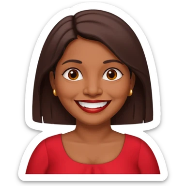 50 yr old chubby Sri Lankan woman, dark skin, straight brown hair, big smile, white teeth, red dress clothes, shoulder length hair sticker