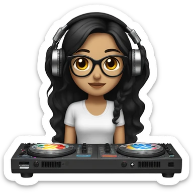 Fair skinned girl with brown eyes and long black hair with glasses on with headphones on mixing on a dj mixer sticker