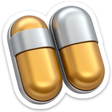 capsule pill emoji, metallic silver halves, smooth glossy finish, futuristic pharmaceutical 3D icon, isolated on white sticker