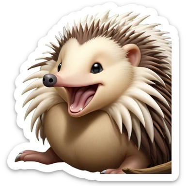 Cinematic Cute Yawning Echidna Portrait Emoji, Head tilted slightly with a dramatic, wide-open yawn, showcasing a soft, downy spiky fur with a slightly drooping snout and small, drowsy eyes, Simplified yet irresistibly adorable features, highly detailed, glowing with a soft, cozy glow, high shine, relaxed yet expressive, stylized with a touch of prickly whimsy, bright and endearing, soft glowing outline, capturing the essence of a sleepy yet affectionate echidna, so drowsy it feels like it could curl up out of the screen for a nap! sticker