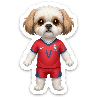 white and light brown shih zhu wearing a South Korea soccer jersey v neck 2026 work cup sticker