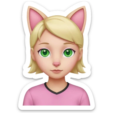 Squareded Ears Pink Skin Green Eyes Cat Shaped Pupils Heart Shaped Forehead Blonde Haired Pink Shirt  sticker