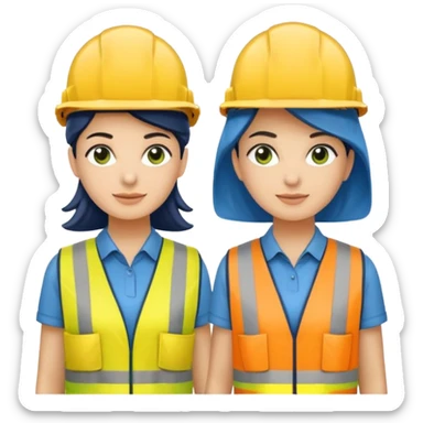 Um homem e uma mulher amarelos com capacete de obras azul escuro e camisa social cinza com faixas refletivas verdes nos braços. Um deles deve estar segurando um megafone sticker