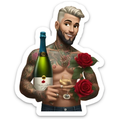 Hyper Realistic handsome tattooed man holding roses and a bottle of champagne  sticker