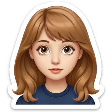 24세 광고홍보전공하는 대학생 여자, 앞머리가 있는 회갈색의 긴 웨이브 머리, 같은 회갈색 컬러의 눈썹,  큰 눈에 아이라인이 그려져있고 동그란 코에 적당한 입술 두깨, 시크한 표정 sticker