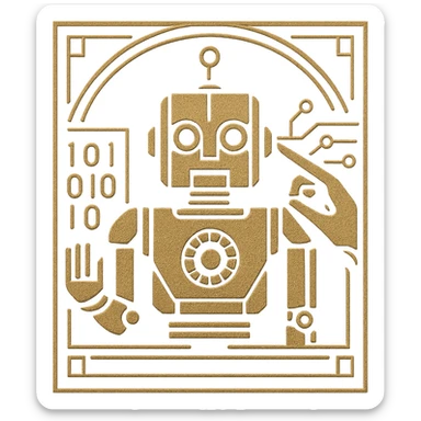 art deco logo of a robot being programmed, geometric shapes, metallic accents, elegant lines, symmetrical design, minimal color palette sticker