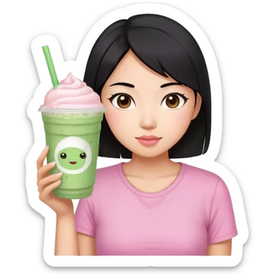 Asian woman, medium lenght black hair, brown eyes, pink cute shirt, holding Matcha frappe  sticker