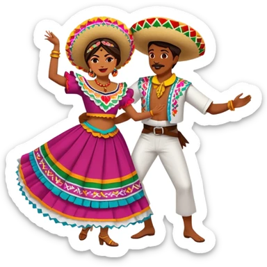 Cinematic Realistic scene of two performers dancing the Jarabe Tapatío, dressed in colorful traditional Mexican costumes with intricate embroidery, captured in energetic, festive motion with vibrant, celebratory lighting sticker