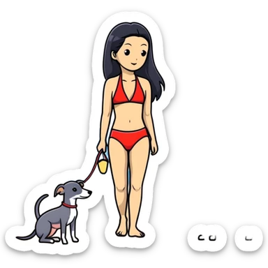 Slim Chinese woman with long black hair in appropriate beach attire at the beach with her completely solid grey Italian greyhound, ocean and sand visible, the dog has absolutely no white markings anywhere sticker