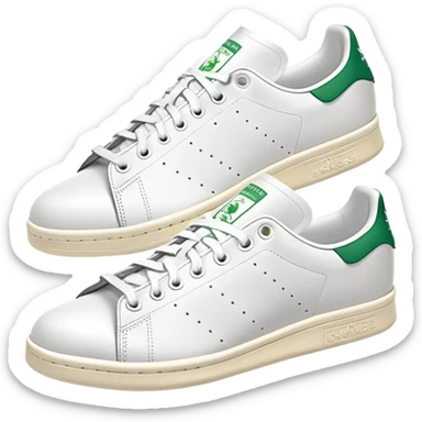 A pair of white Adidas Stan Smith sneakers arranged with one shoe behind the other, white leather with green heel tabs, classic design, both shoes visible sticker