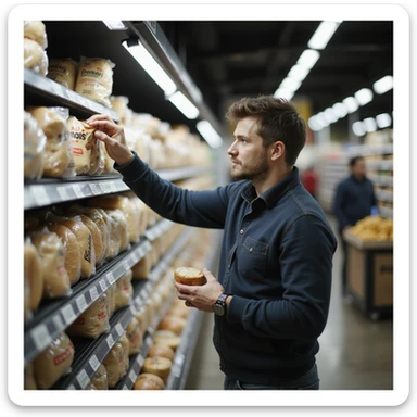hyperrealistic scene of a man at a supermarket taking a product from the shelf, the product label prominently displaying the word 'Senza', 4K details, supermarket environment, natural lighting sticker