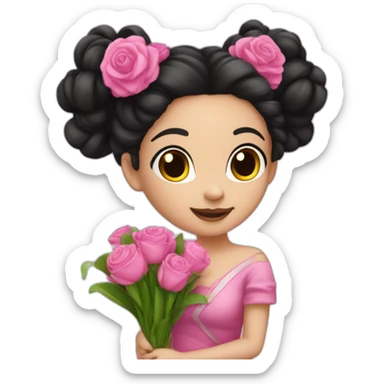 45 degree - white skin girl - black hair bun - wearing crazy pink cloth -holding bouquet sticker