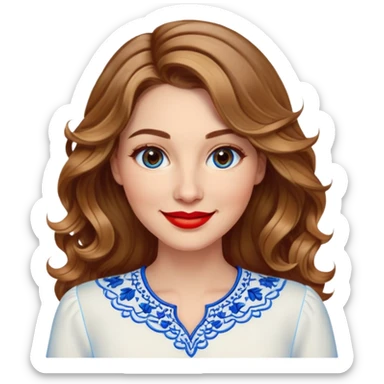 Friendly woman in her late 30s with luminous fair skin, round face, wide smile, large light brown eyes, vibrant red lips, shoulder-length dark blonde wavy hair with highlights, wearing white blouse with blue embroidery and electric blue neckline sticker