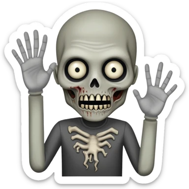 Super idol as hostile SCP-096 zombie with very small almost camouflaged pupils facing down and the upper face is grayish white and whitish gray while the lower jaw and rest of the body including hand and arm is just grayish black and the background is pitch black sticker