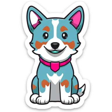 Red heeler cattle dog sitting down facing forward, with a bright pink collar sticker