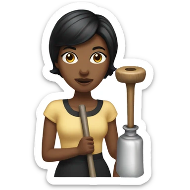Woman with short black hair holding plunger sticker