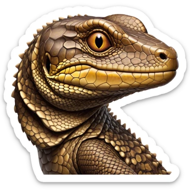 Cinematic Noble brown camo monitor Lizard Portrait Emoji, Poised and regal, with a robust, scaled body exhibiting striking, mottled patterns and piercing, alert eyes, Simplified yet sharp and sophisticated features, highly detailed, glowing with a soft, earthy glow, high shine, intelligent and formidable, stylized with an air of ancient wilderness, focused and commanding, soft glowing outline, capturing the essence of a watchful and confident reptilian guardian that appears ready to stride out of the screen with effortless authority! sticker