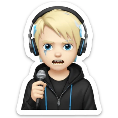 boy vampire whit blonde emo hair and eyes blue and grey skin and heandphones black AND A MICROFONE AND GOLD TEETH and agesive face and the hoodie black  sticker