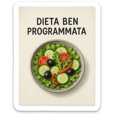 hyperrealistic 4K top view of a sheet of paper with an illustrated bowl of salad and the text 'DIETA BEN PROGRAMMATA', no background sticker