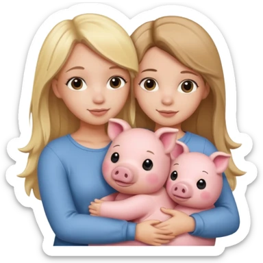 Girlfriends, blonde and brunette, hugging a teddy bear and a little pig sticker