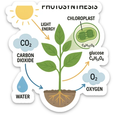 highly scientific, labeled classroom poster version of the photosynthesis process, with clear step-by-step visuals, arrows, and educational annotations, no background, transparent sticker