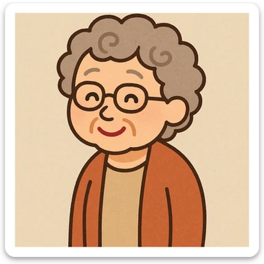 elder woman with glasses, irasutoya style, flat toon, curly hair, warm smile sticker