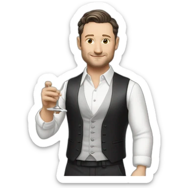 tim robinson dark black slicked back hair white shirt with a light grey vest spraying champagne sticker