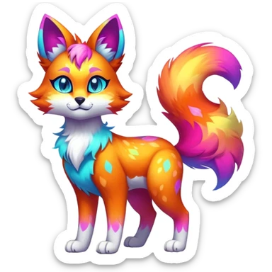 Vibrant multicolored neon-colored Falvie-Fionbri-creature-sparkle-feline-canine-hybrid-fursona, full body, fur pattern-markings sticker