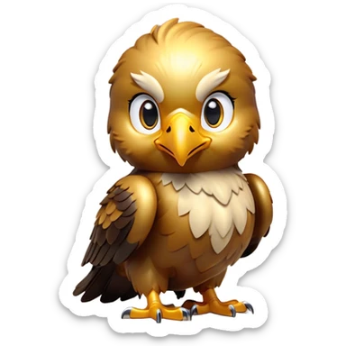 Cinematic Cute Golden Eagle Portrait Emoji, Head tilted playfully and inquisitively, featuring a compact, streamlined form with subtly ruffled, golden plumage and round, sparkling eyes full of spirited charm, Simplified yet irresistibly adorable features, highly detailed, glowing with a warm, inviting glow, high shine, affectionate and lively, stylized with a touch of whimsical aerial grace, soft glowing outline, capturing the essence of a mischievous yet endearing golden eagle that seems as if it could glide out of the screen into your heart! sticker