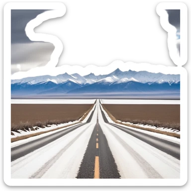 A long STRAIGHT dirt road that disappears into the horizon half way up the screen from the perspective of someone sitting in the middle of the road looking down it. Flat snow fields on both sides of the road with huge looming mountains above the roads horizon line.  sticker