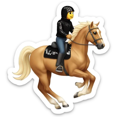  A Palomino horse running with a black sequin rug on the back and a brown rider on the back  sticker