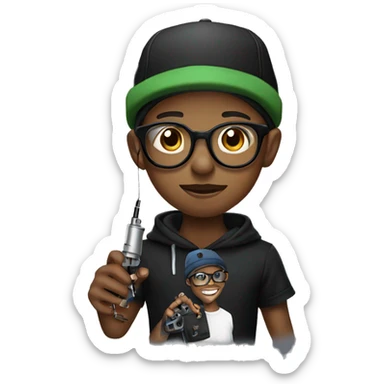 black cap, hoodie and glasses boy  holding an tattoo machine sticker