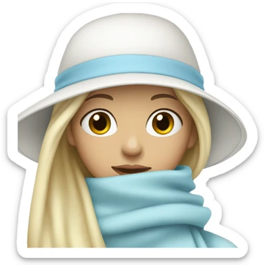 blonde girl in a white hat and pastel blue scarf covering half of her face sticker