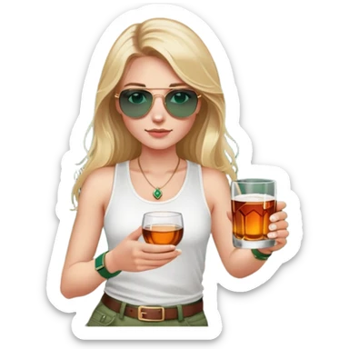 girl with long blond hair
with blue eyes
and aviator sunglasses
wearing white tank top 
holding a glass of whiskey 
wearing rose gold apple watch with forest green band  sticker