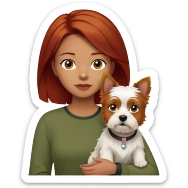 Westhighland white terrier dog being held by woman with dark shoulder length red hair and hazel eye wearing olive green top sticker