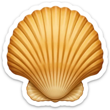 A madeleine pastry. Scalloped seashell shape with four to five vertical lines going in the same direction. Light golden brown. Scalloped edge. Cookie. Flat. Long. Oval shape sticker