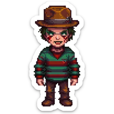 Freddy Krueger in pixel art style, menacing pose, classic striped sweater sticker