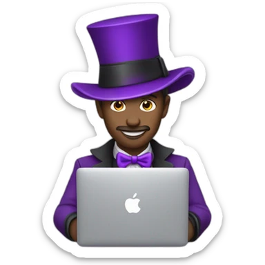magician with a purple magic hat working on a macbook sticker