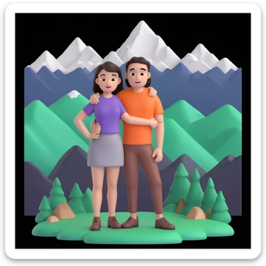 back packer couple posing, mountains in background,   close up pose sticker