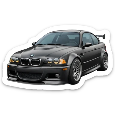 
A BMW M3 E46 is drifting through a corner, with a slight wisp of smoke coming from the rear and the wheels positioned at an angle relative to the turn.Road can see clearly  sticker