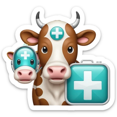 Emoji-style icon of a cow and buffalo with a medical cross and scan frame overlay, representing disease detection and health analysis. Friendly, clean, rounded design, clear at small sizes, teal and white accents, no text, transparent background. sticker