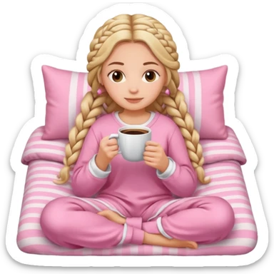 White girl with goddess braids holding a cup of coffee while snuggling in a cozy pink blanket and cute pink and white pajamas  sticker