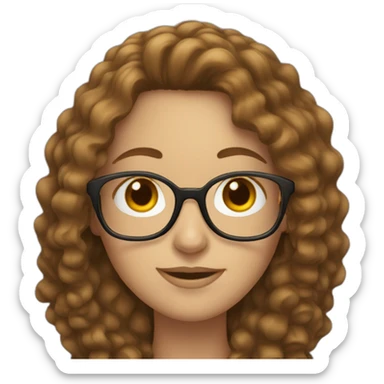 white woman with long curly brown hair and glasses sticker