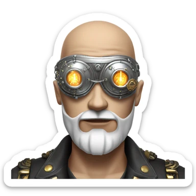 Bald cyborg head with silver steampunk goggles, white beard and circuits sticker