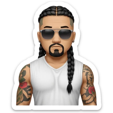 Samoan male. Chin goatee with no hair upper lip
Untucked loose fitting white t-shirt. 
long black braided hair.
very muscular.
Even More tattoos. 
Tough and menacing.
Dark black square sunglasses. sticker