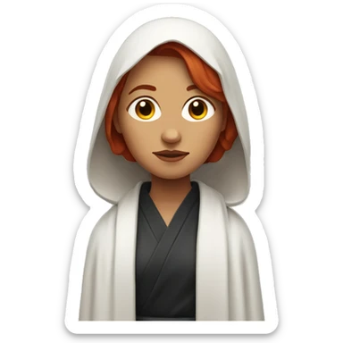 woman in a robe looking sombre with a religious vibe and red hair  sticker