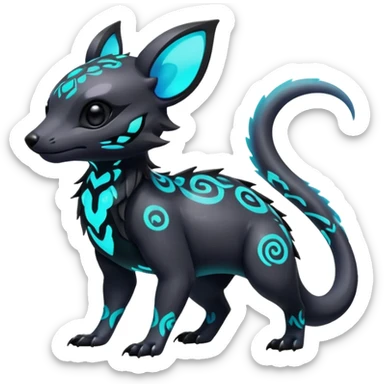 Rare futuristic bioluminescent iridescent neon glowing cute epic aesthetic gothic colorful Salandit-Eevee-Trico-Civet-species-Fakemon-hybrid-creature, with intricate tattoo markings, full body sticker