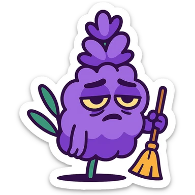 chubby lavender-colored lavender flower character with droopy eyes and a tired face, holding a tiny broom, vibrant-toon style sticker