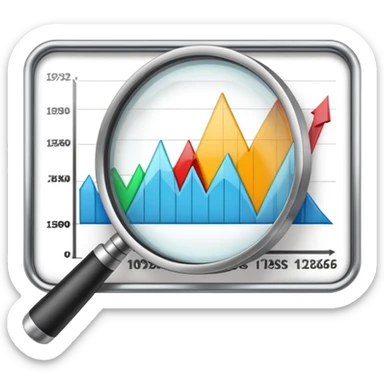 magnifying glass examining a downward trending chart, decreasing graph sticker