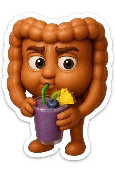 EMOJI STILE IPHONE DI un intestino umano anatomico che beve un frullato di mirtilli, ananas, kiwi, fagli anche la parte bianca degli occhi, non solo le pupille, REALISTICo 4K sticker